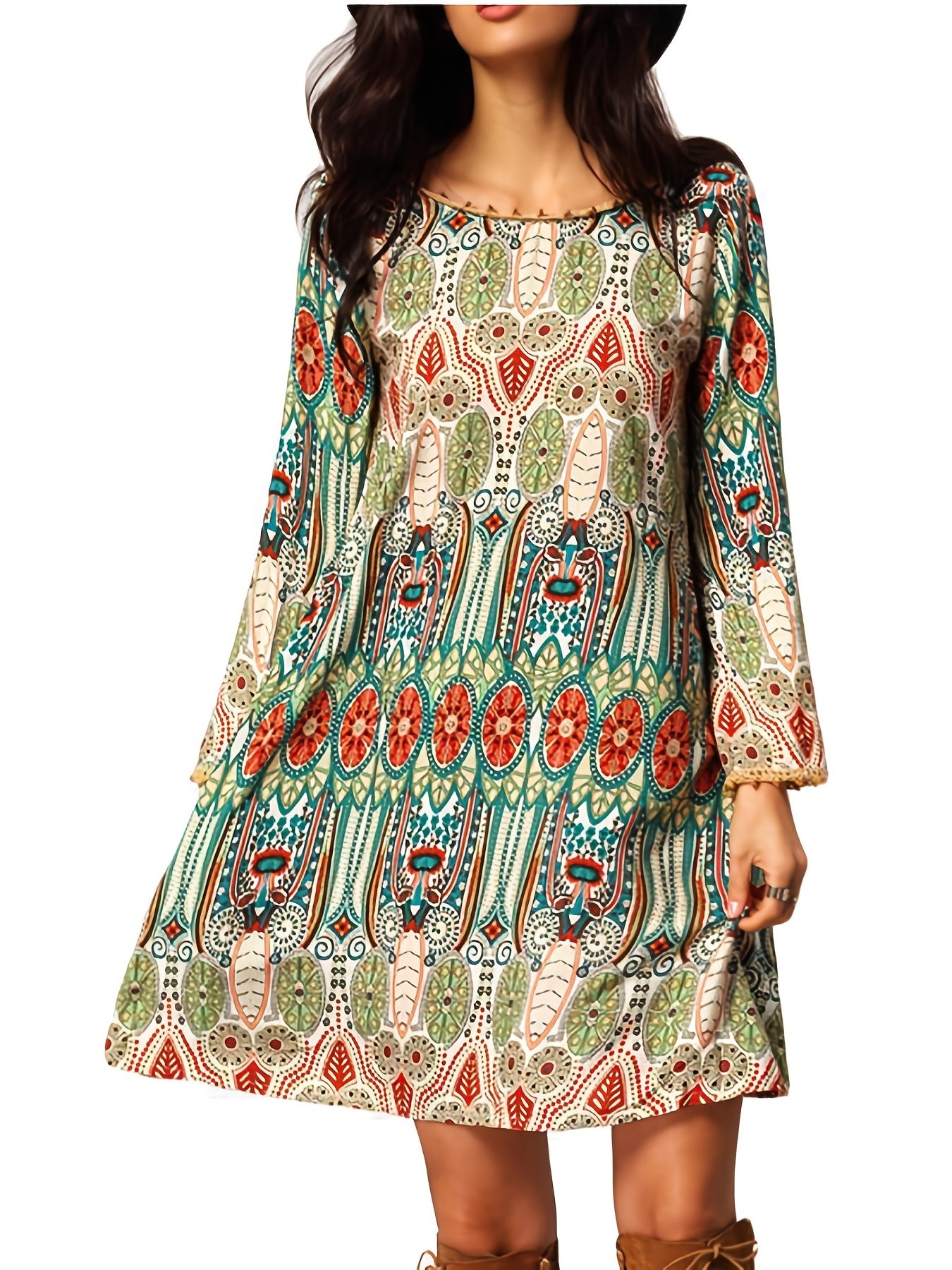 Women's Plus Allover Print Frill Trim Long Sleeve Round Neck Pleated Dress