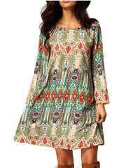 Women's Plus Allover Print Frill Trim Long Sleeve Round Neck Pleated Dress