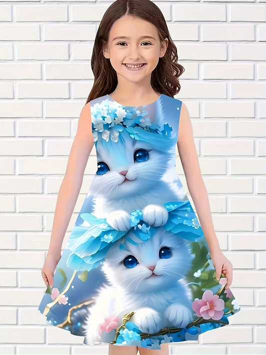 Girls Chubby Cat Sleeveless Dress Summertime Outdoor Outfit