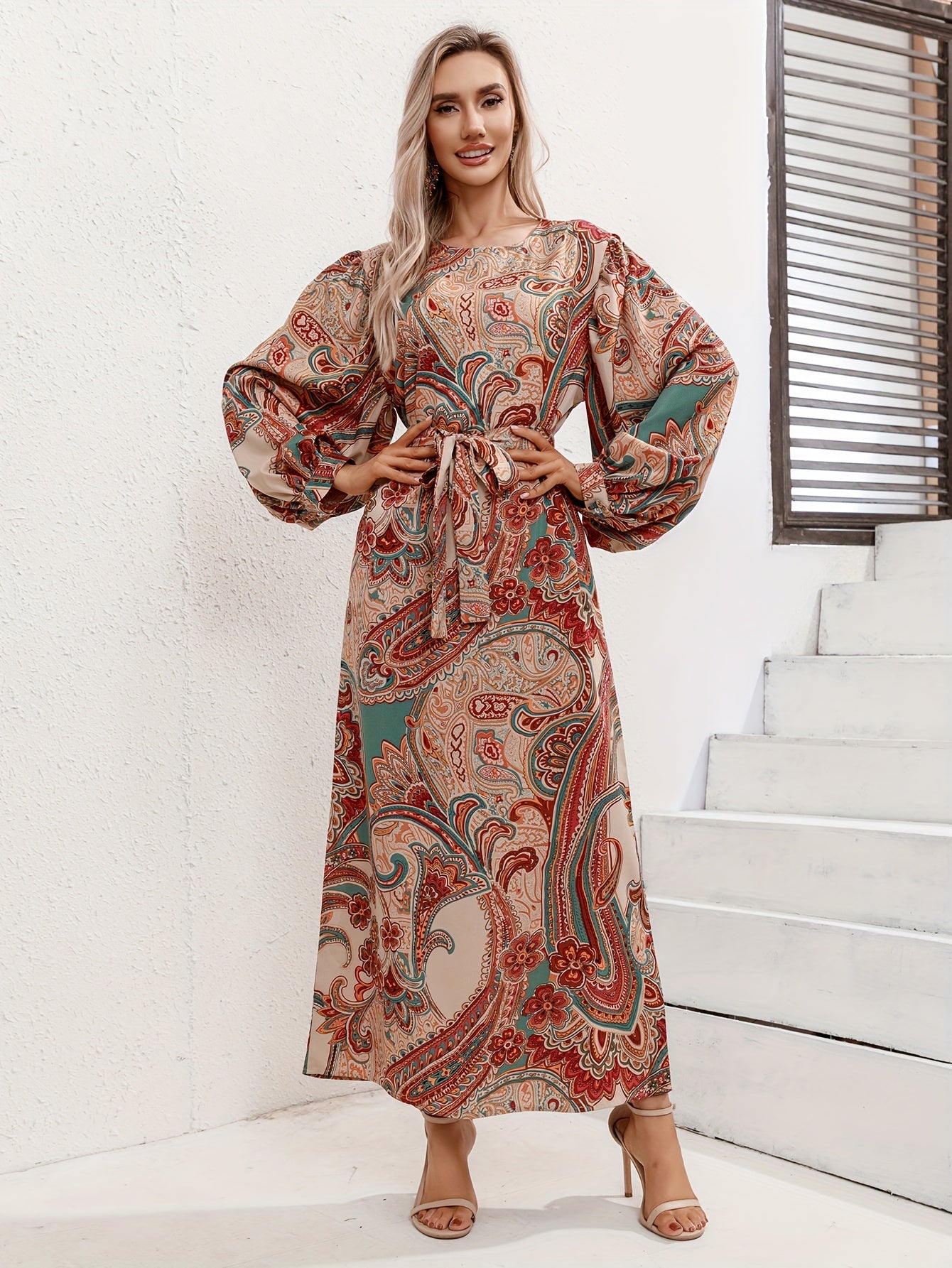 Boho Plus Paisley Print Lantern Sleeve Maxi Dress