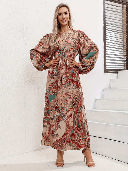 Boho Plus Paisley Print Lantern Sleeve Maxi Dress