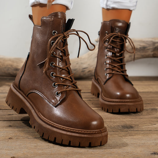 Women's Faux Leather Flat Ankle Boots Waterproof Walking Boots