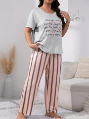  Heart & Slogan Print Tee & Striped Pants Lounge Set