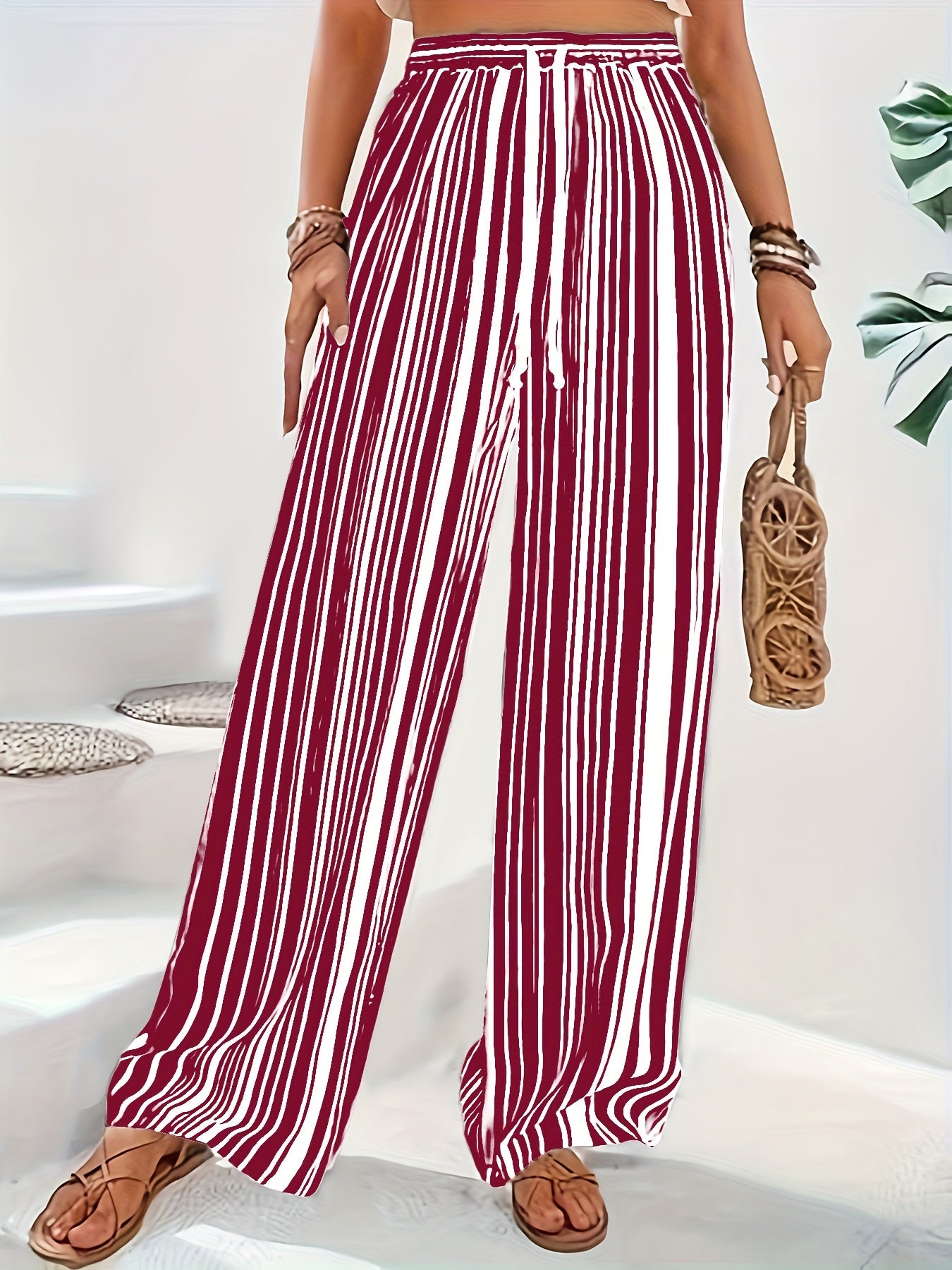  Stripe Print Wide Leg Drawstring Pants