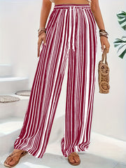  Stripe Print Wide Leg Drawstring Pants