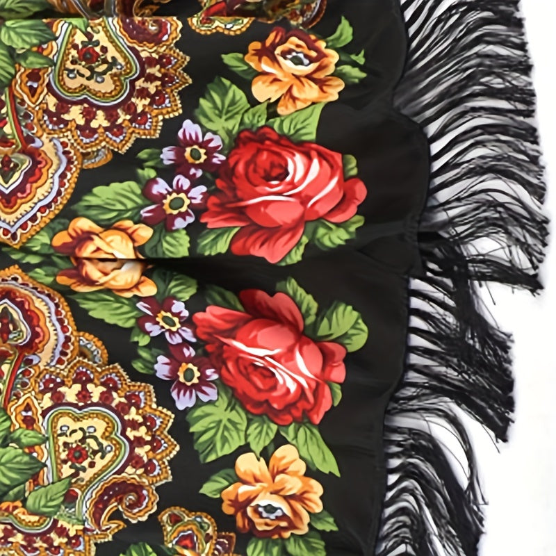 Flower Print Tassel Scarf Vintage Windproof Shawl Women