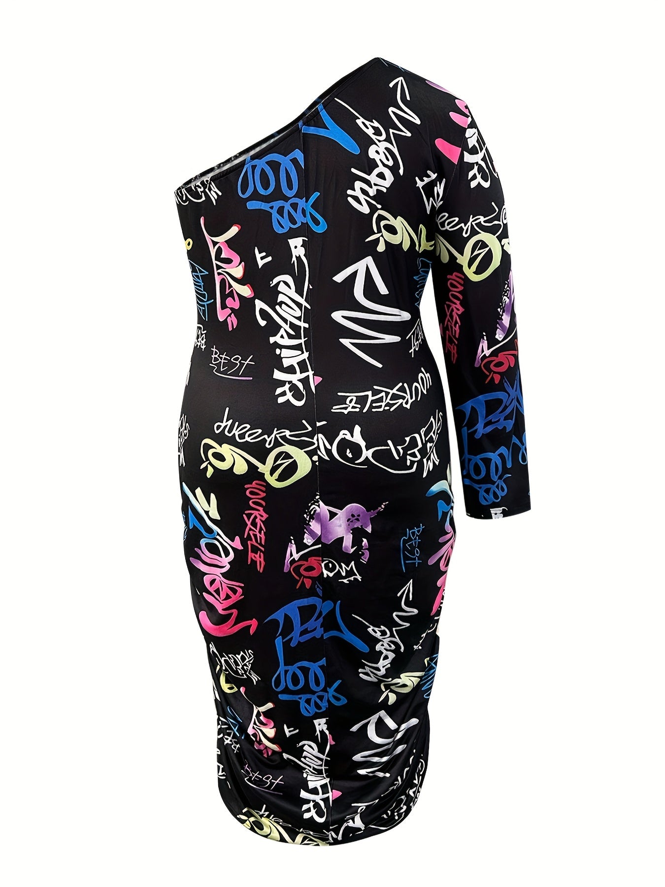  Graffiti Print One Shoulder Midi Dress