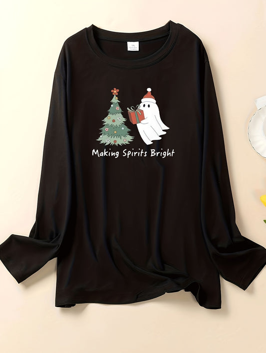 Women's Plus Christmas Lounge Top Long Sleeve Round Neck Sleepwear Tee