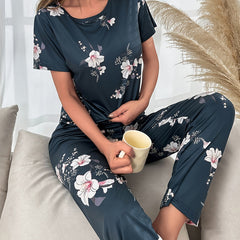 Floral Print Pajama Set Short Sleeve Crew Neck Top & Elastic Waistband Pants