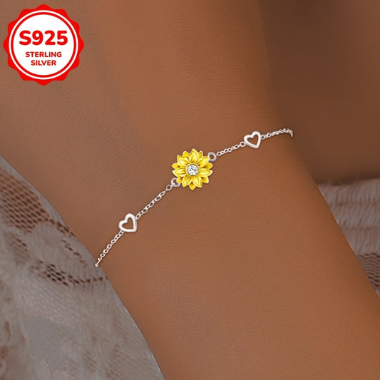 Sunflower & Heart Charm Bracelet with CZ 925 Sterling Silver