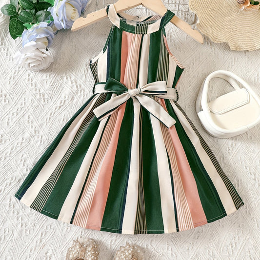 Girls Striped Sleeveless Belted Casual Dress For Kids