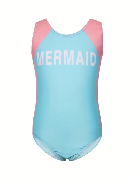Girls Mermaid Print One piece Swimsuit Backless Colorblock Sports Swimsuit