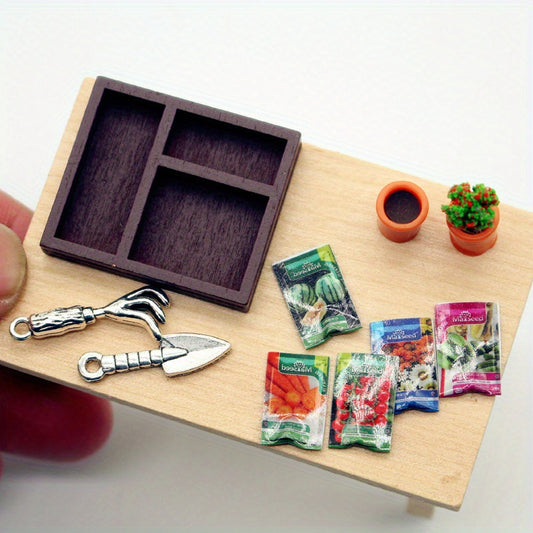 Dollhouse Gardening Set Wooden Box Shovel Potted Plant Seeds for Dollhouse Home