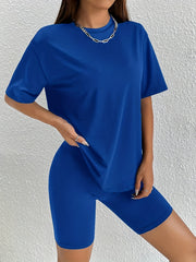 Casual Solid Two-piece Set Short Sleeve T-Shirt & Skinny Shorts
