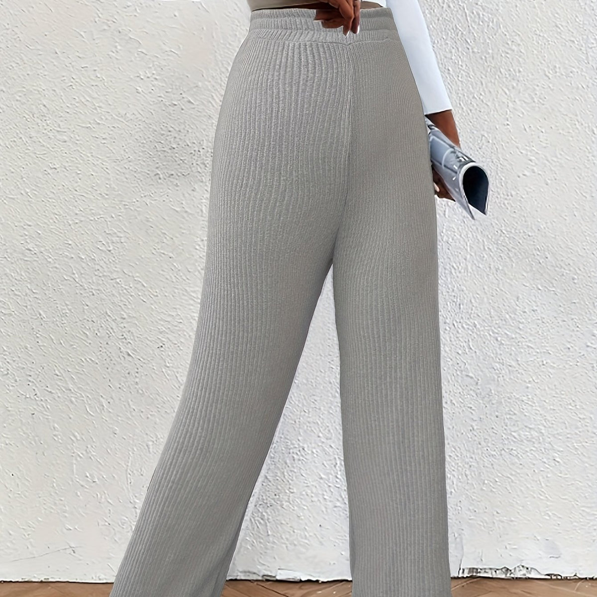  Solid Ribbed High Rise Wide Leg Pants