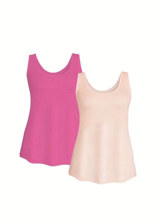 2 Pack Women's Plus Size Casual Tank Top Set Solid Round Neck