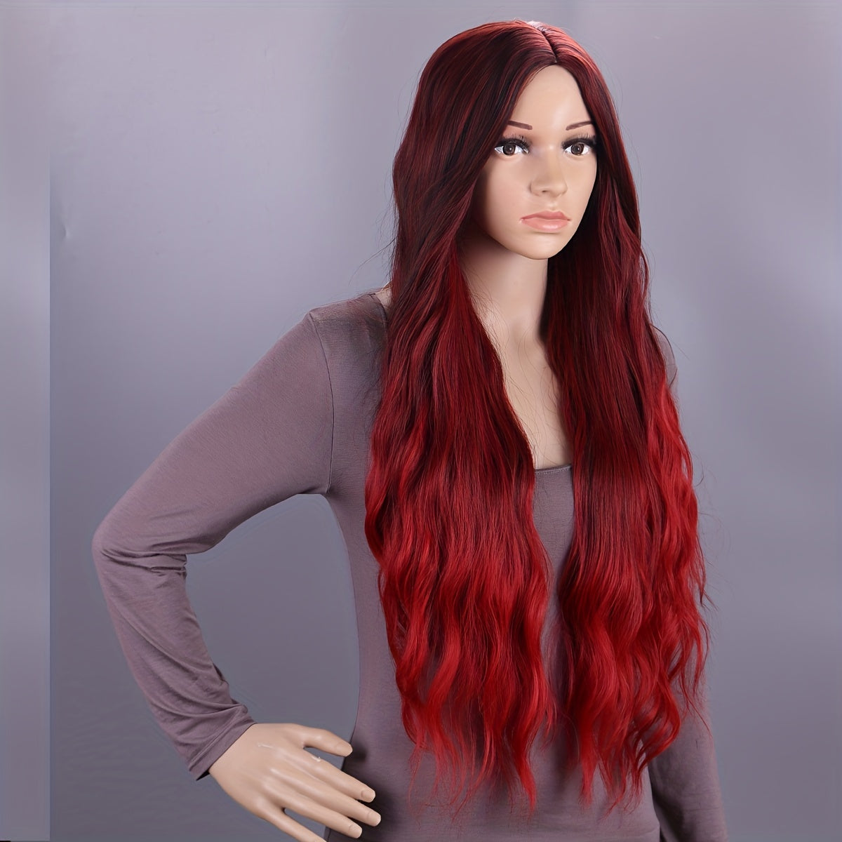 Long Burgundy Wavy Wig - Curly Hair Synthetic Heat Resistant Fiber