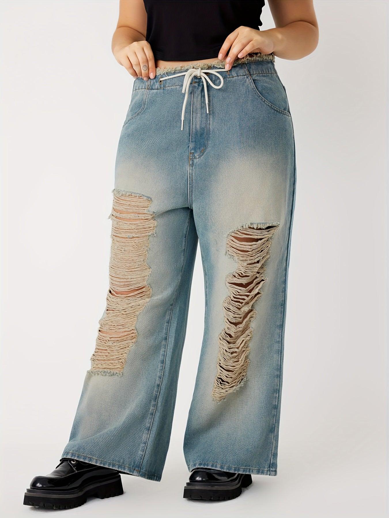  Y2K Jeans Women's Plus Distressed Ripped Raw Trim High Rise Wide Leg