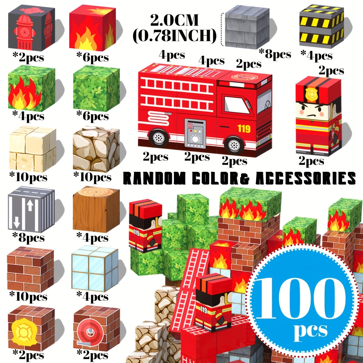Magnetic Building Blocks Firefighter & Fire Truck Playset Educational Toy