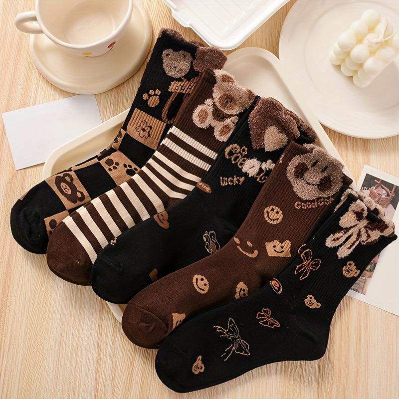 5 Pairs Bear & Bow Print Socks Women's Mid Tube Stockings