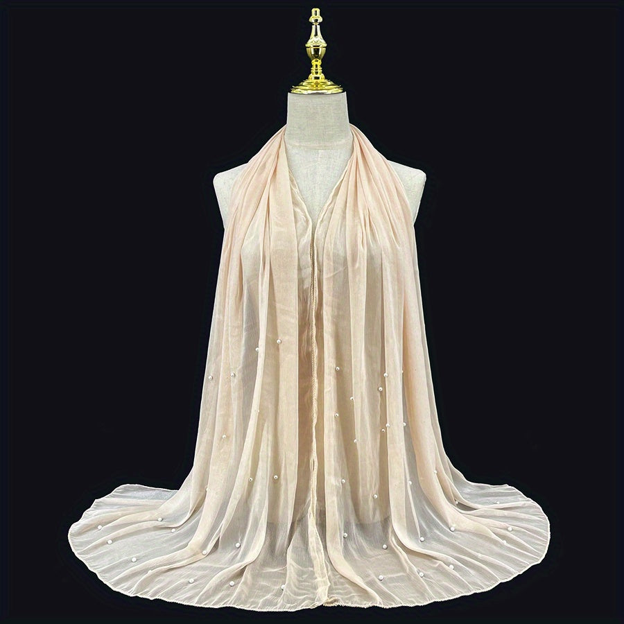 Boho Chiffon Scarf with Pearls Solid Shawl Thin Long Beach Towel