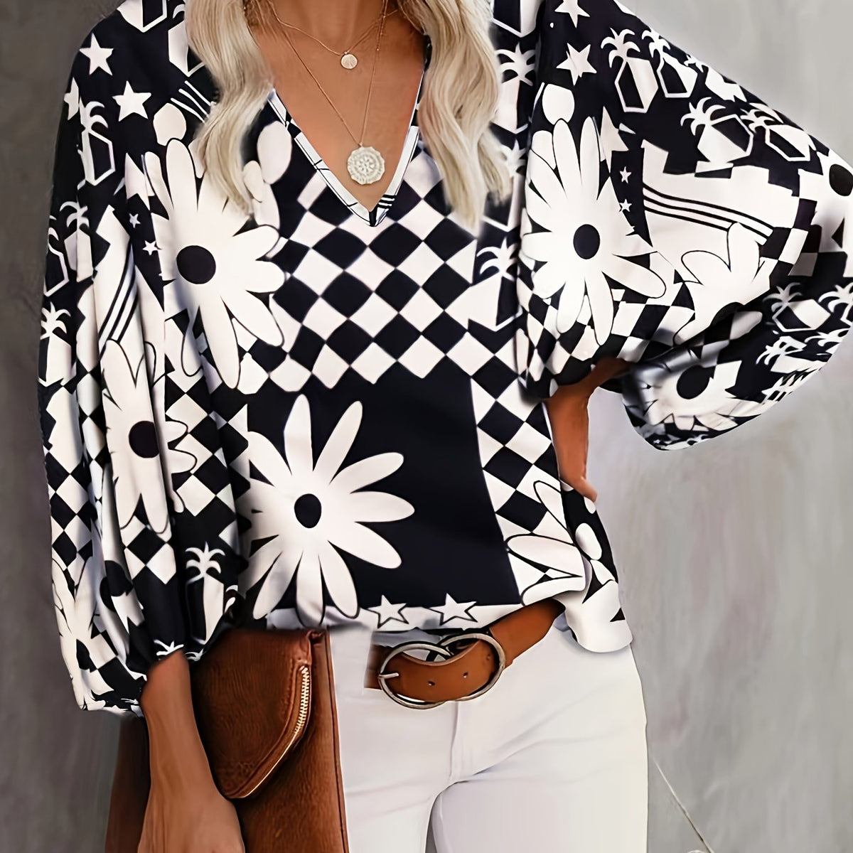  Casual Blouse Women's Plus Random Print Lantern Sleeve