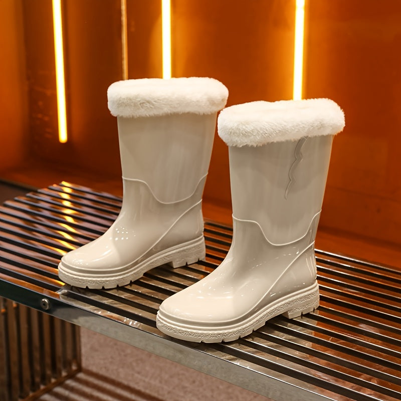 Women's Fleece Lined Rain Boots Waterproof Mid Calf Rubber Shoes