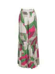  Boho Pants Women's Plus Colorblock Striped & Leaf Print Ruffle Trim