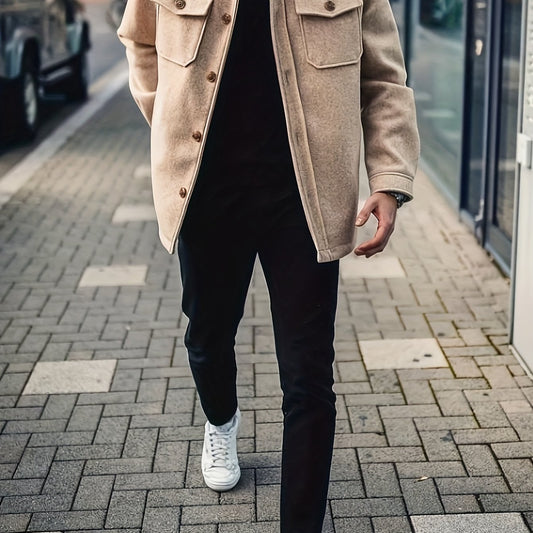 Stylish Retro Coat Jacket for Men Button Up Lapel Dual Pockets