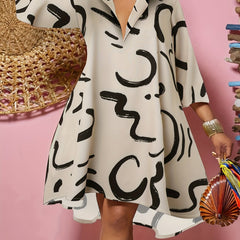  Geometric Print V Neck Midi Dress Women's Plus Slight Stretch