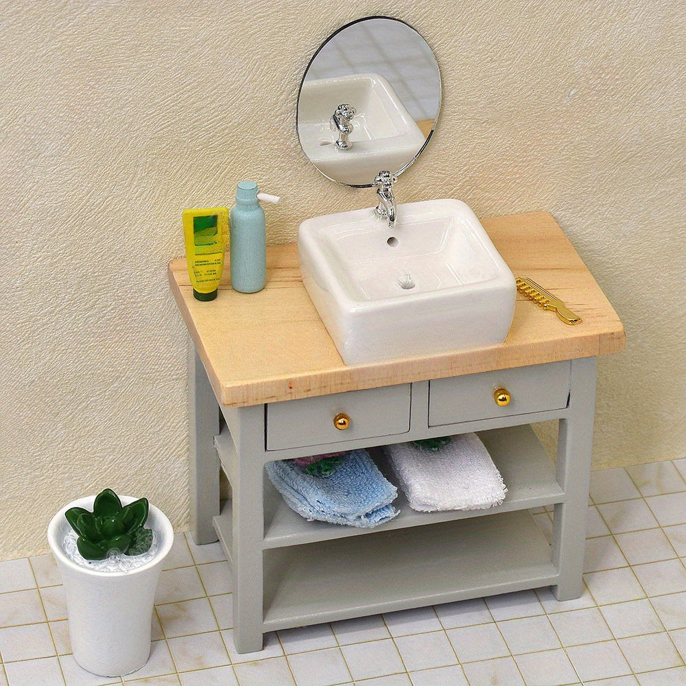 Dollhouse Bathroom Vanity with Wooden Top & 2 Drawers