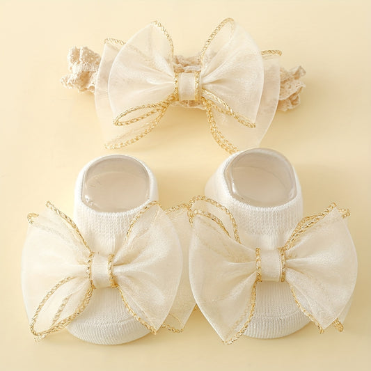 Golden Edge Large Lace Knot Ankle Socks with Baby Hairband