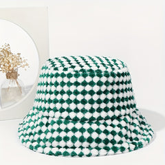 Green Plaid Plush Bucket Hat for Women & Men
