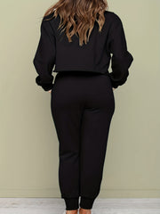 Plus Size Solid Long Sleeve Crop Top & Pants Set
