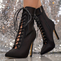 Women's Lace-Up Stiletto Ankle Boots Side Zip High Heels