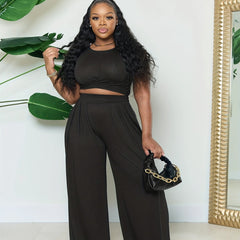  2 Piece Set Women's Short Sleeve Crop Top & Wide Leg Pants