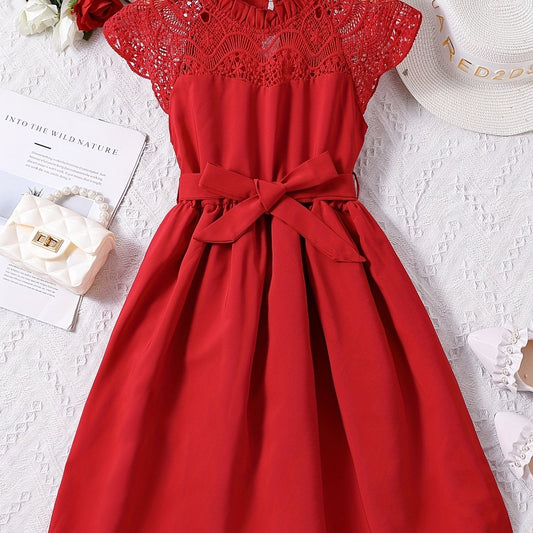 Girls Lace Princess Dress Frill Trim Neck Party Beach Vacation Summer Cloth