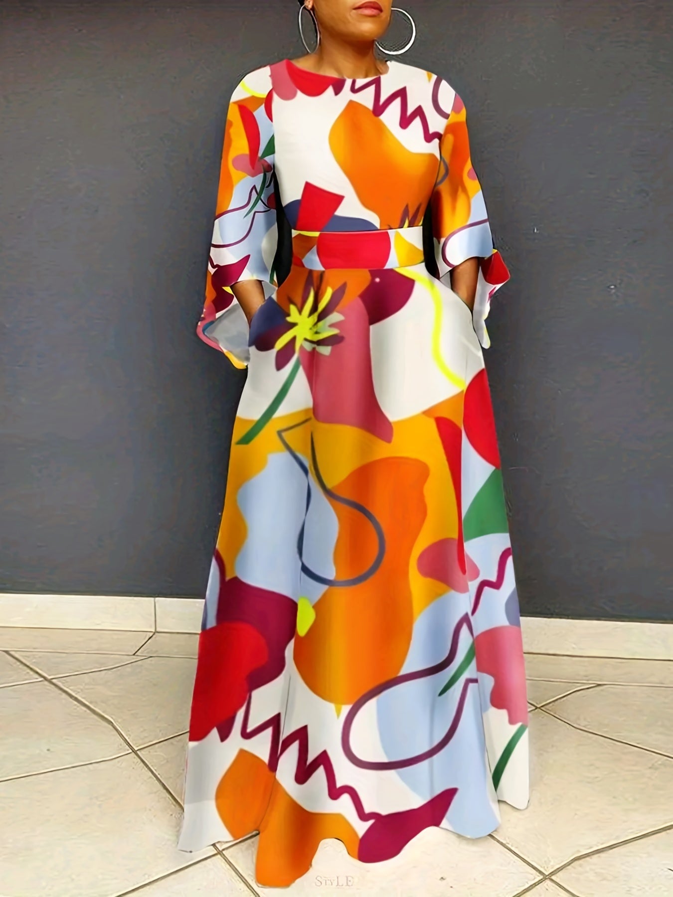  Denim Print Maxi Dress with Pockets