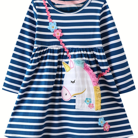 Preschool Girls' Unicorn Striped Long Sleeve Dress