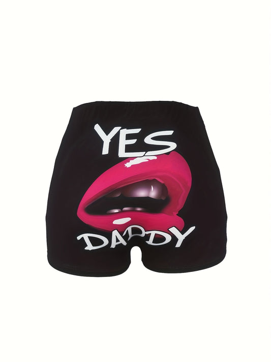  Sexy 3D Lip & Letter Print High Rise Skinny Shorts