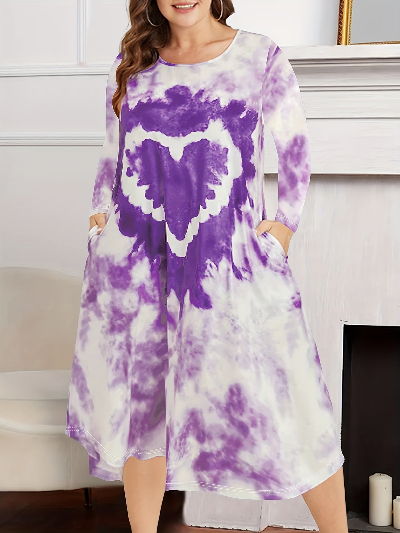  Tie Dye & Heart Print Long Sleeve Nightdress With Pockets