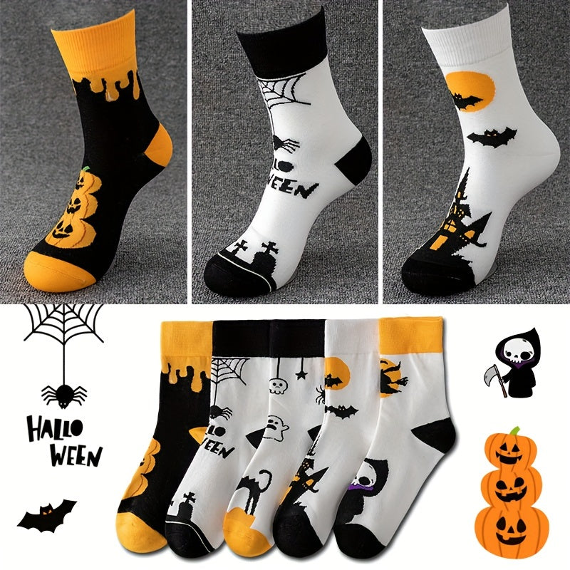 5 Pairs Pumpkin & Skull Print Halloween Socks Women's Stockings