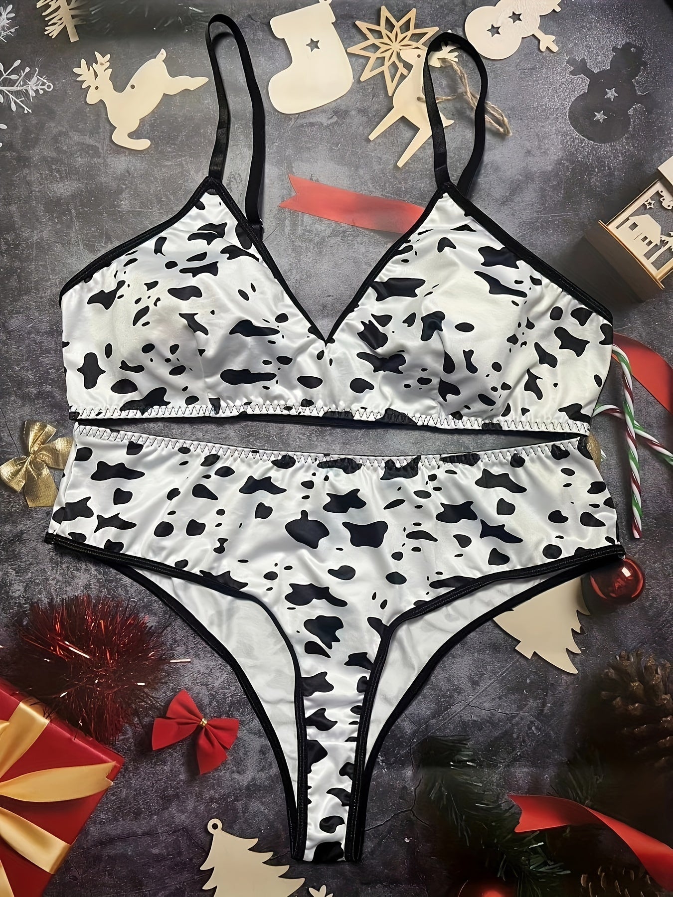  Cow Print V Neck Bra & Panty Lingerie Set