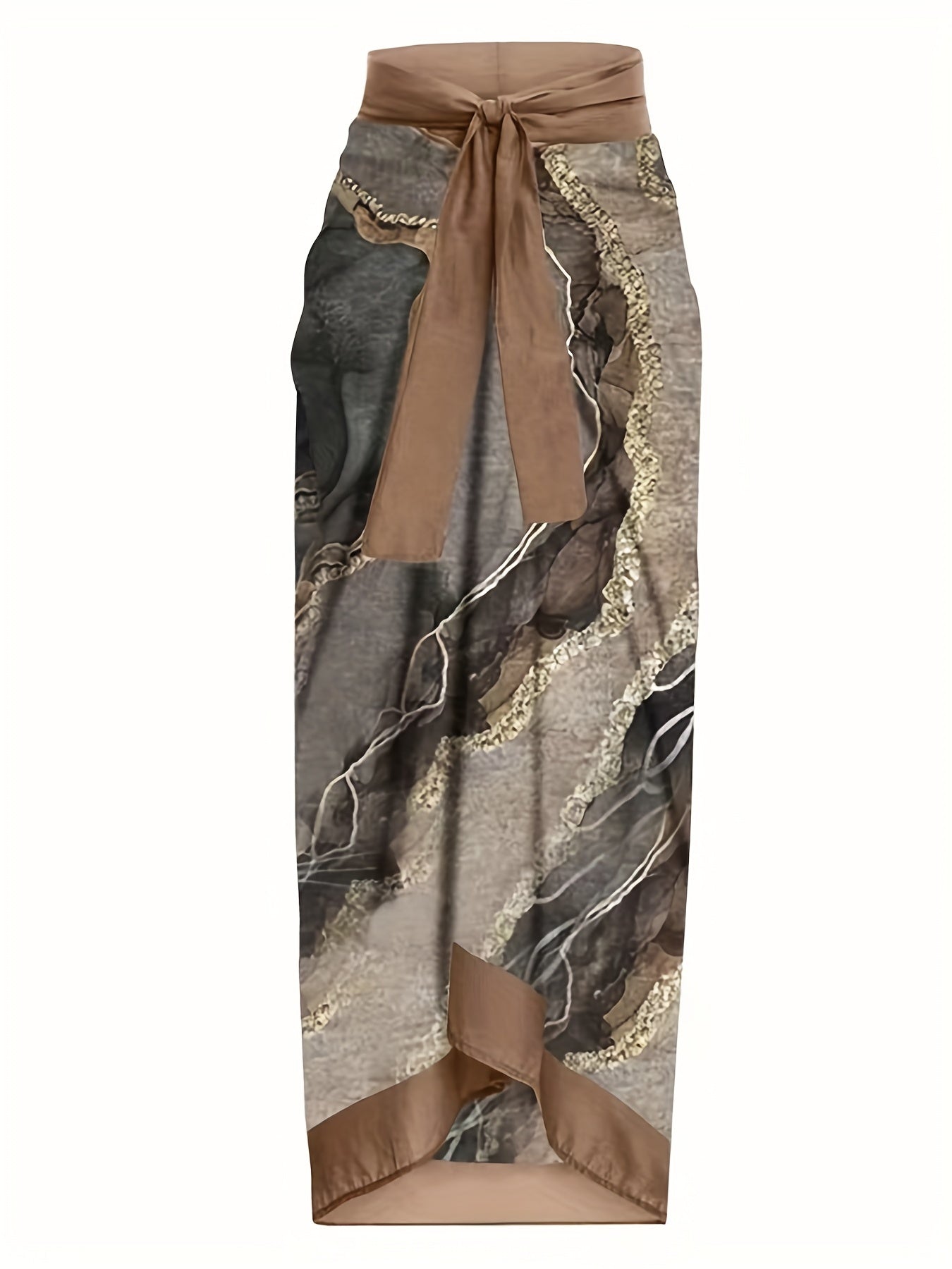 Brown Marble Print Swimsuit Set with Cover Up Skirt