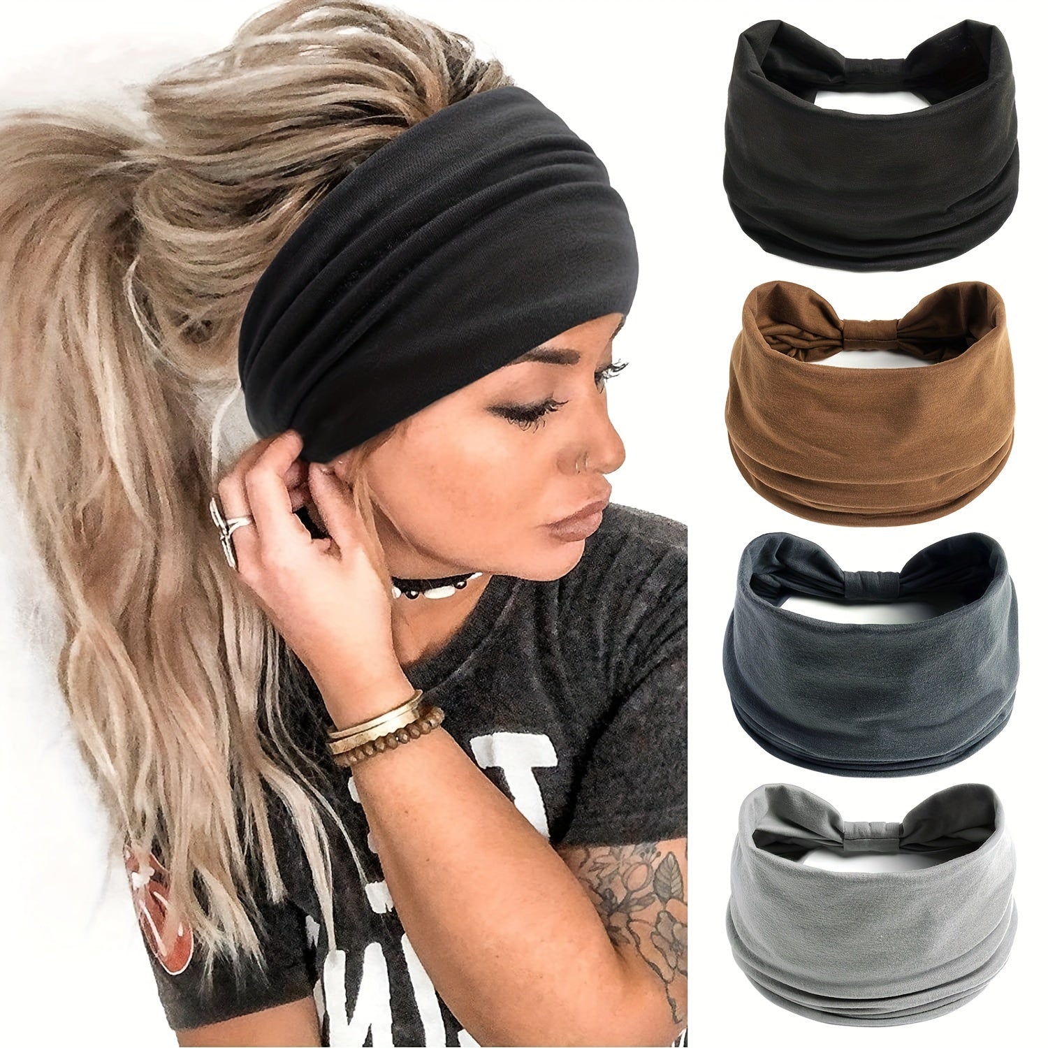 Stretchy Wide Yoga Headband Brown Gray Non Slip Spandex Polyester Blend