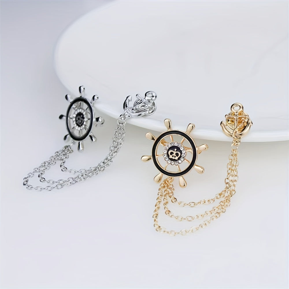 Men's Crystal Rhinestone Brooch Collar Pin Rudder Anchor Shirt Buckle