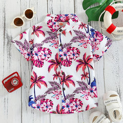 Boys Flowers & Leaves Print Short Sleeves Hawaiian Shirt for Beach Vacation