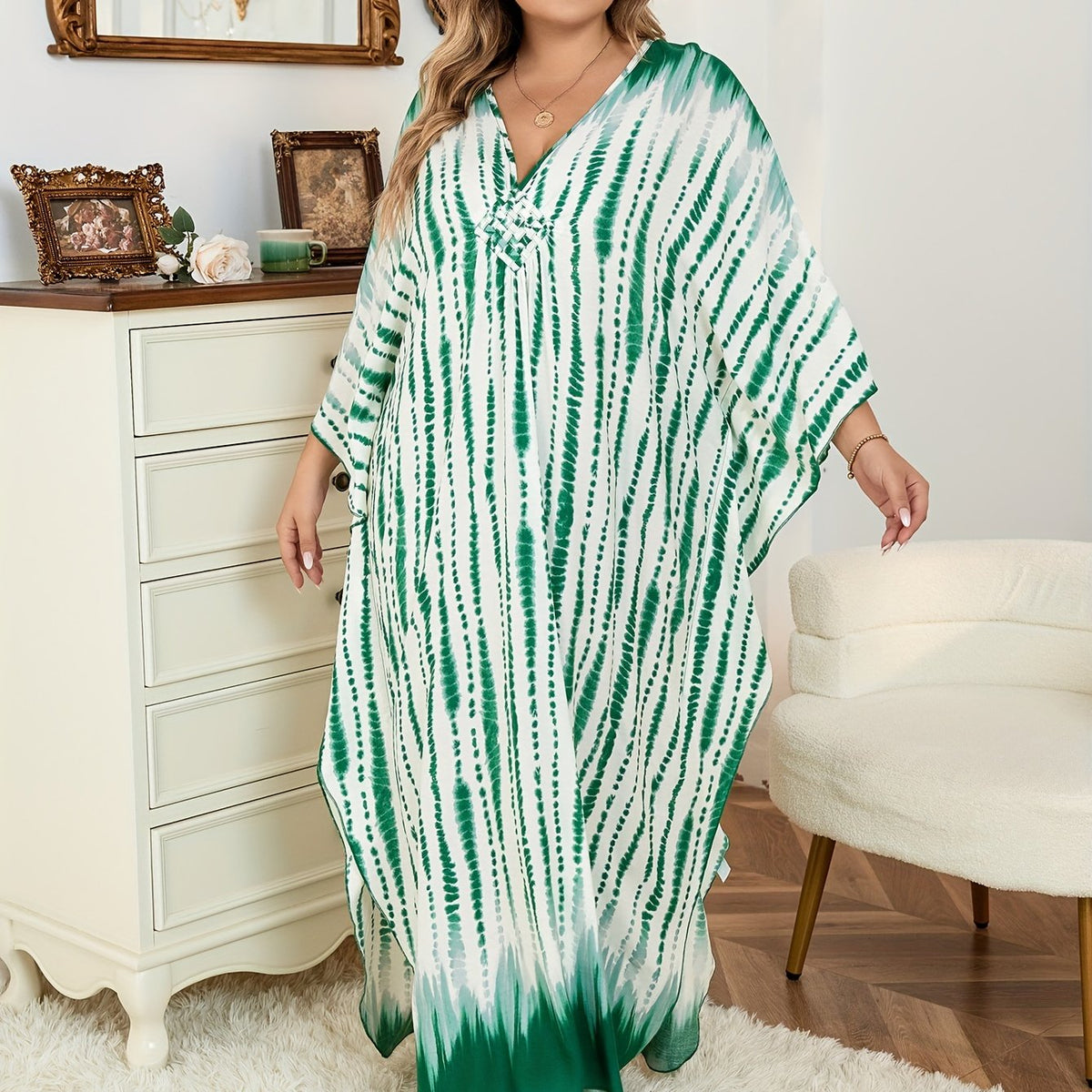  Boho Cover Up Tie Dye Striped Batwing Sleeve V Neck