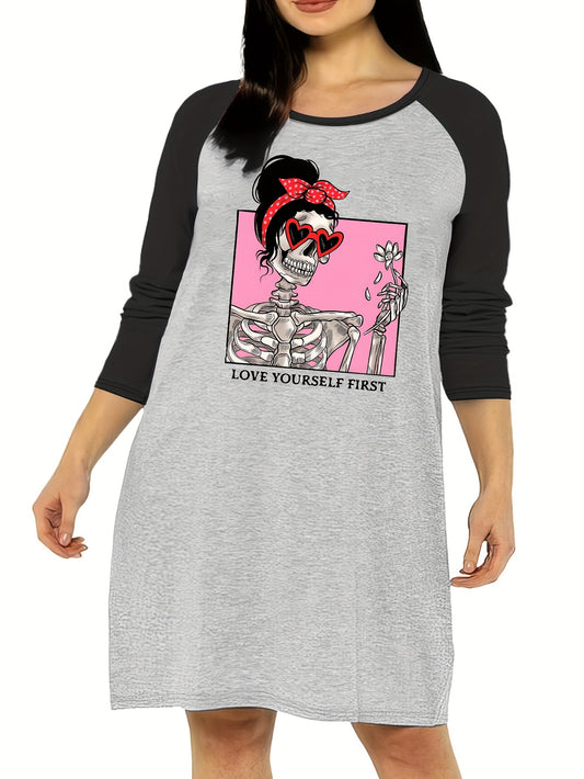  Gothic Nightdress Women's Skull Raglan Sleeve Tee Sleep Dress