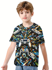 Gamepad 3D Print Boy's Casual Tee Short Sleeve Crew Neck T-shirt Kids